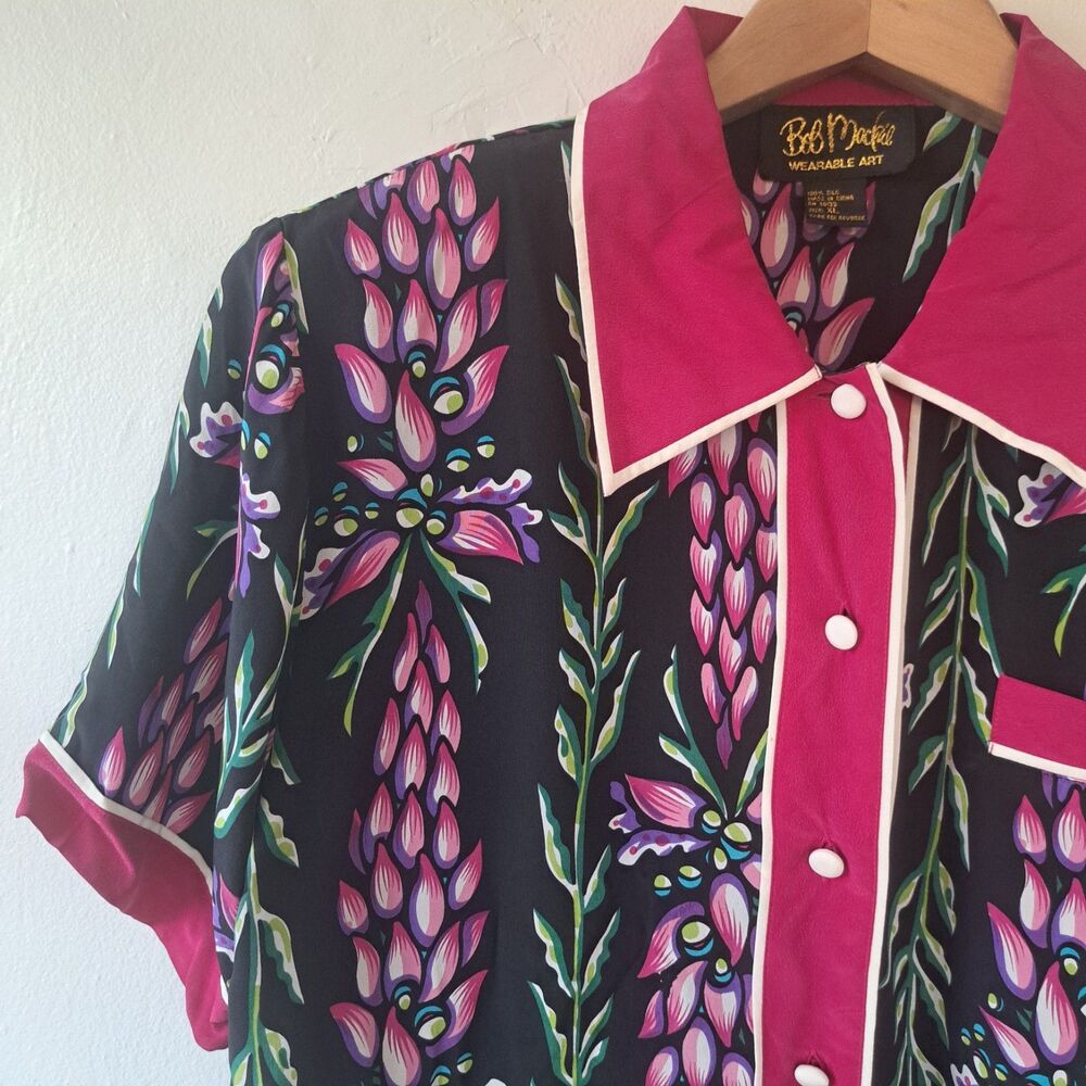 Vintage 100% Silk Womens Bob Mackie XL Pink Black Floral Short Sleeve Blouse Top - Picture 2 of 7